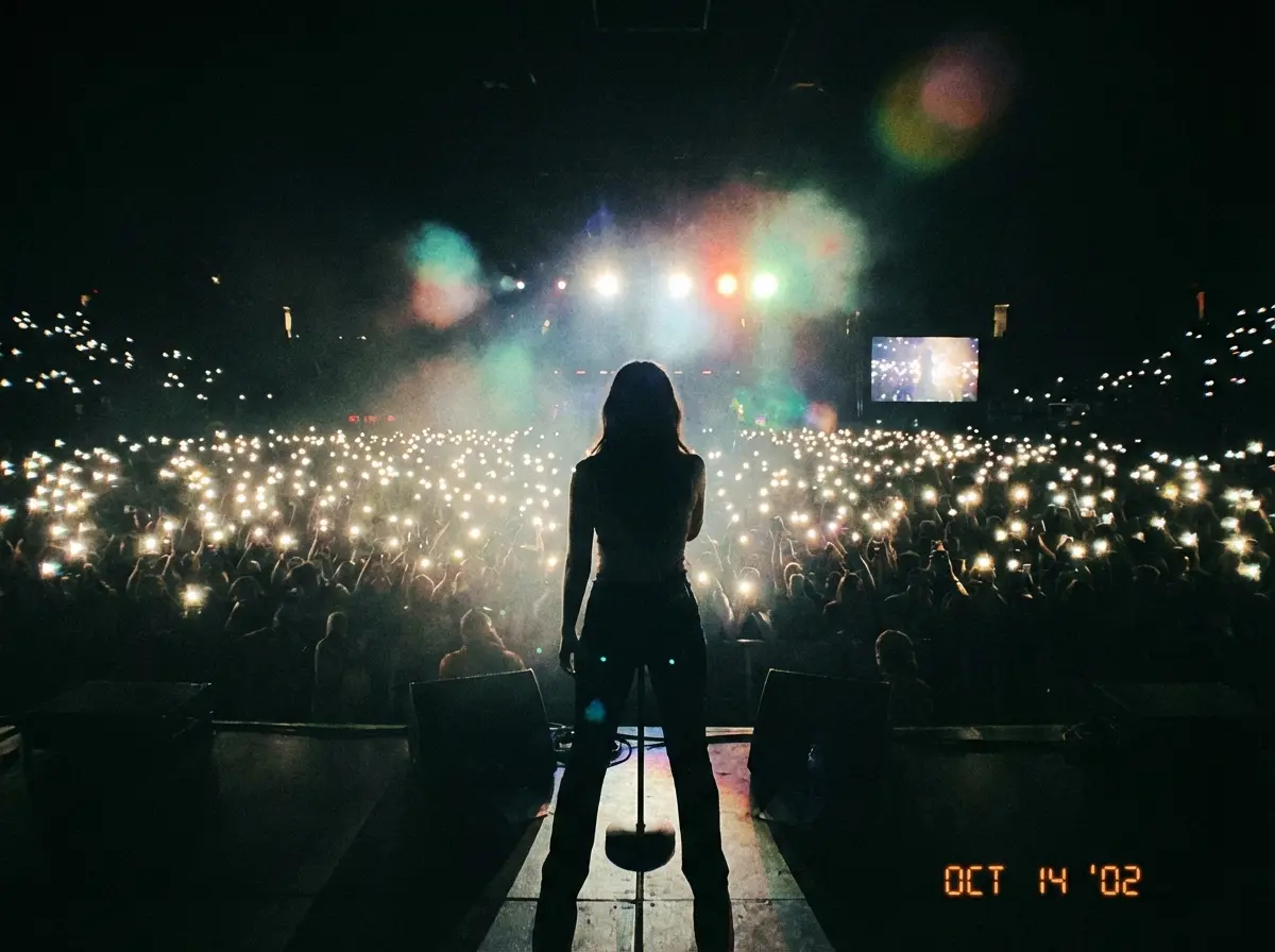 Crowded concert stage with lights and smoke